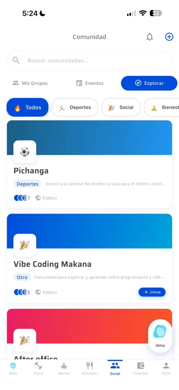 Pantalla de Bienestar social en la app Makana